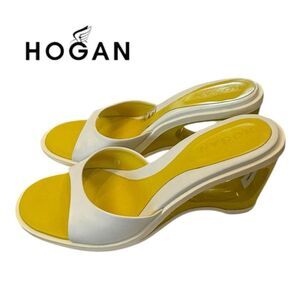 NEW HOGAN Women's Wedge Slipper Slide Leather Yellow White Sandals 39  9